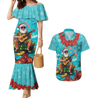 Hawaii Christmas Couples Matching Mermaid Dress and Hawaiian Shirt Mele Kalikimaka Poinsettia Lei - Cyan LT14 Cyan - Polynesian Pride
