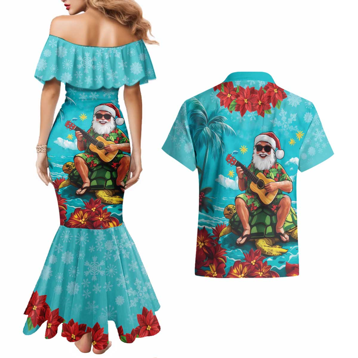 Hawaii Christmas Couples Matching Mermaid Dress and Hawaiian Shirt Mele Kalikimaka Poinsettia Lei - Cyan LT14 - Polynesian Pride