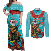 Hawaii Christmas Couples Matching Off Shoulder Maxi Dress and Long Sleeve Button Shirt Mele Kalikimaka Poinsettia Lei - Cyan LT14 Cyan - Polynesian Pride
