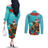 Hawaii Christmas Couples Matching Off The Shoulder Long Sleeve Dress and Long Sleeve Button Shirt Mele Kalikimaka Poinsettia Lei - Cyan