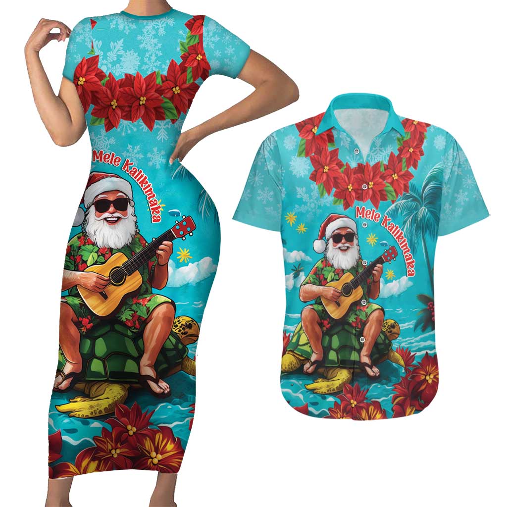 Hawaii Christmas Couples Matching Short Sleeve Bodycon Dress and Hawaiian Shirt Mele Kalikimaka Poinsettia Lei - Cyan LT14 Cyan - Polynesian Pride