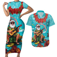 Hawaii Christmas Couples Matching Short Sleeve Bodycon Dress and Hawaiian Shirt Mele Kalikimaka Poinsettia Lei - Cyan LT14 Cyan - Polynesian Pride