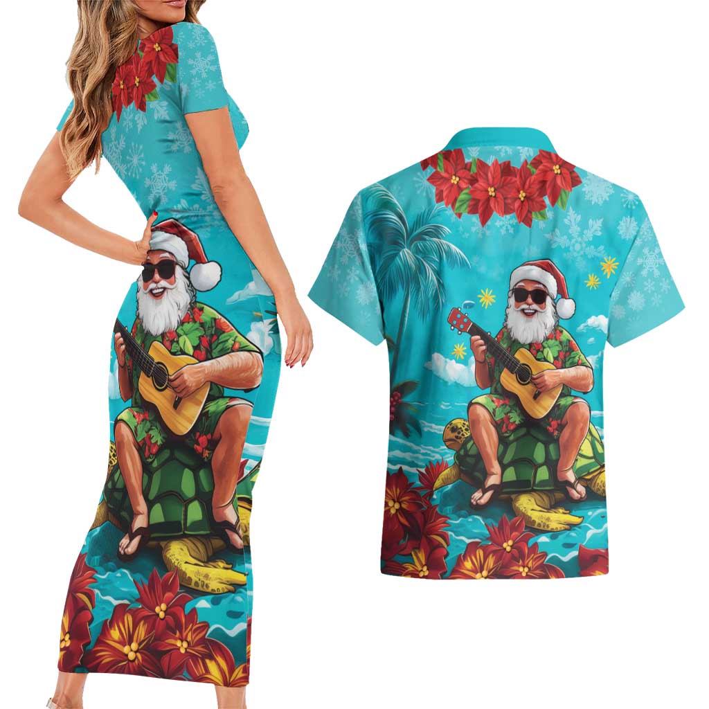 Hawaii Christmas Couples Matching Short Sleeve Bodycon Dress and Hawaiian Shirt Mele Kalikimaka Poinsettia Lei - Cyan LT14 - Polynesian Pride