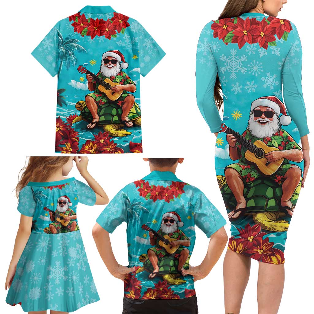 Hawaii Christmas Family Matching Long Sleeve Bodycon Dress and Hawaiian Shirt Mele Kalikimaka Poinsettia Lei - Cyan