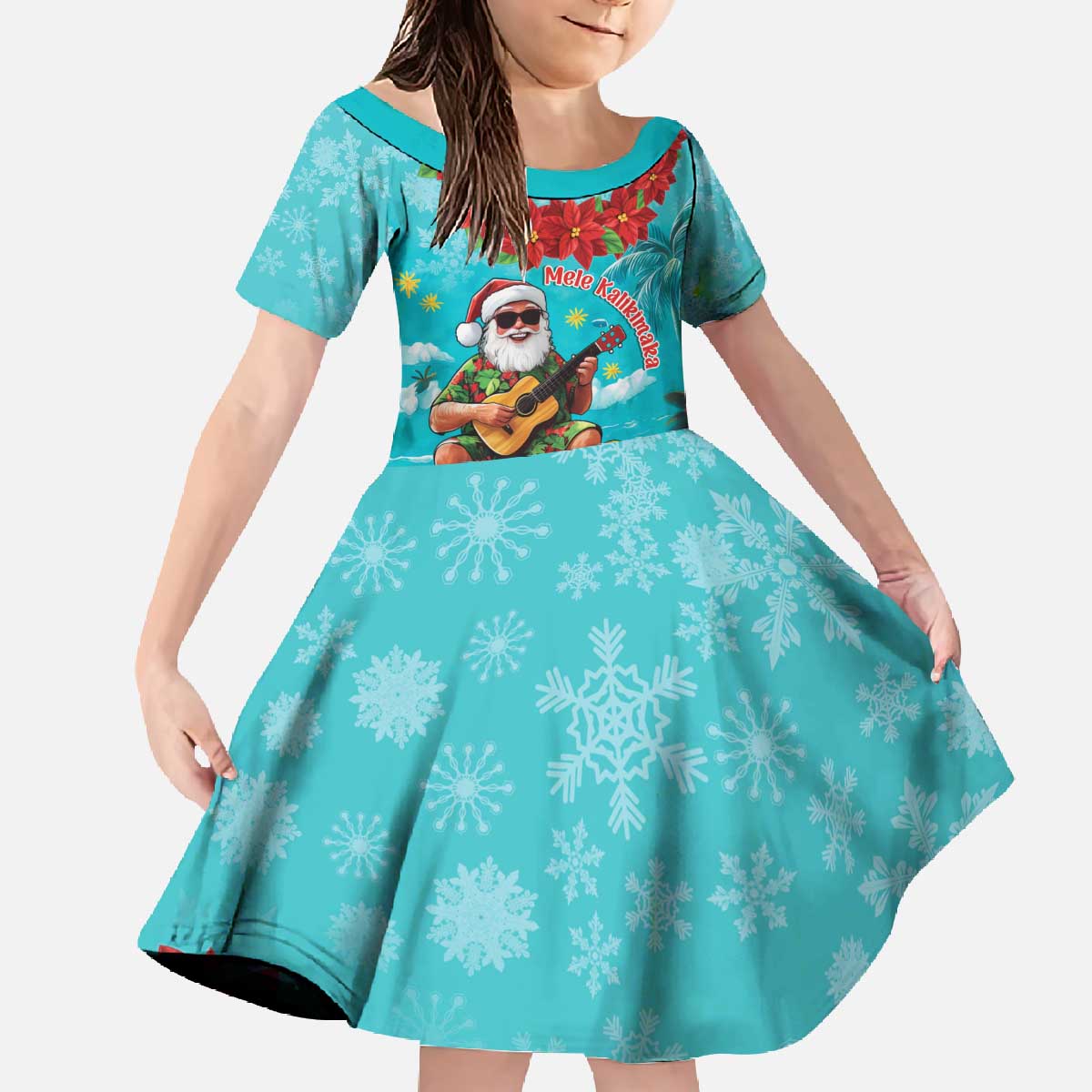 Hawaii Christmas Family Matching Off The Shoulder Long Sleeve Dress and Hawaiian Shirt Mele Kalikimaka Poinsettia Lei - Cyan LT14 Daughter's Dress Cyan - Polynesian Pride