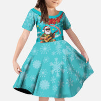 Hawaii Christmas Family Matching Off The Shoulder Long Sleeve Dress and Hawaiian Shirt Mele Kalikimaka Poinsettia Lei - Cyan LT14 Daughter's Dress Cyan - Polynesian Pride