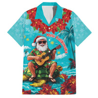 Hawaii Christmas Family Matching Off The Shoulder Long Sleeve Dress and Hawaiian Shirt Mele Kalikimaka Poinsettia Lei - Cyan LT14 Dad's Shirt - Short Sleeve Cyan - Polynesian Pride