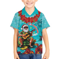 Hawaii Christmas Family Matching Off Shoulder Maxi Dress and Hawaiian Shirt Mele Kalikimaka Poinsettia Lei - Cyan LT14 Son's Shirt Cyan - Polynesian Pride