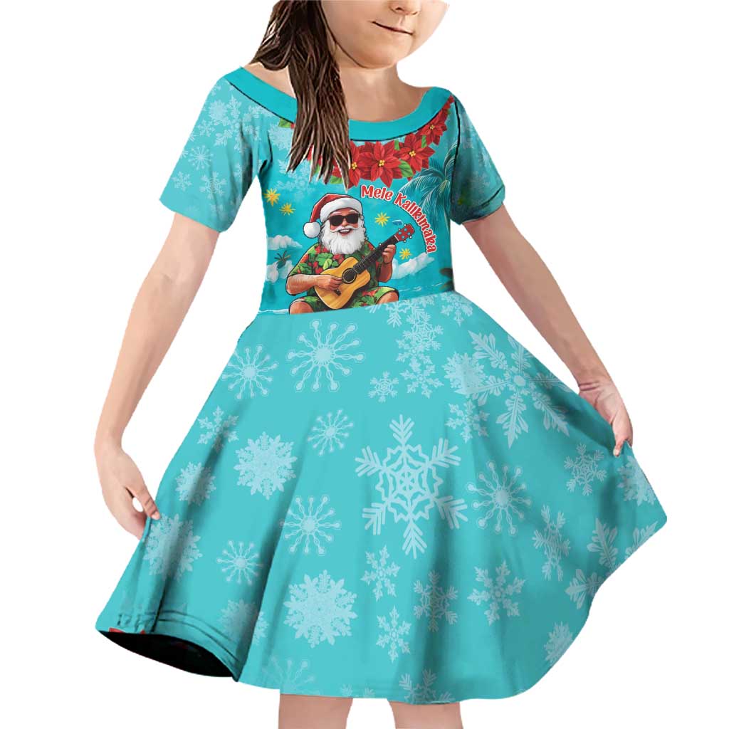 Hawaii Christmas Family Matching Off Shoulder Short Dress and Hawaiian Shirt Mele Kalikimaka Poinsettia Lei - Cyan LT14 Daughter's Dress Cyan - Polynesian Pride