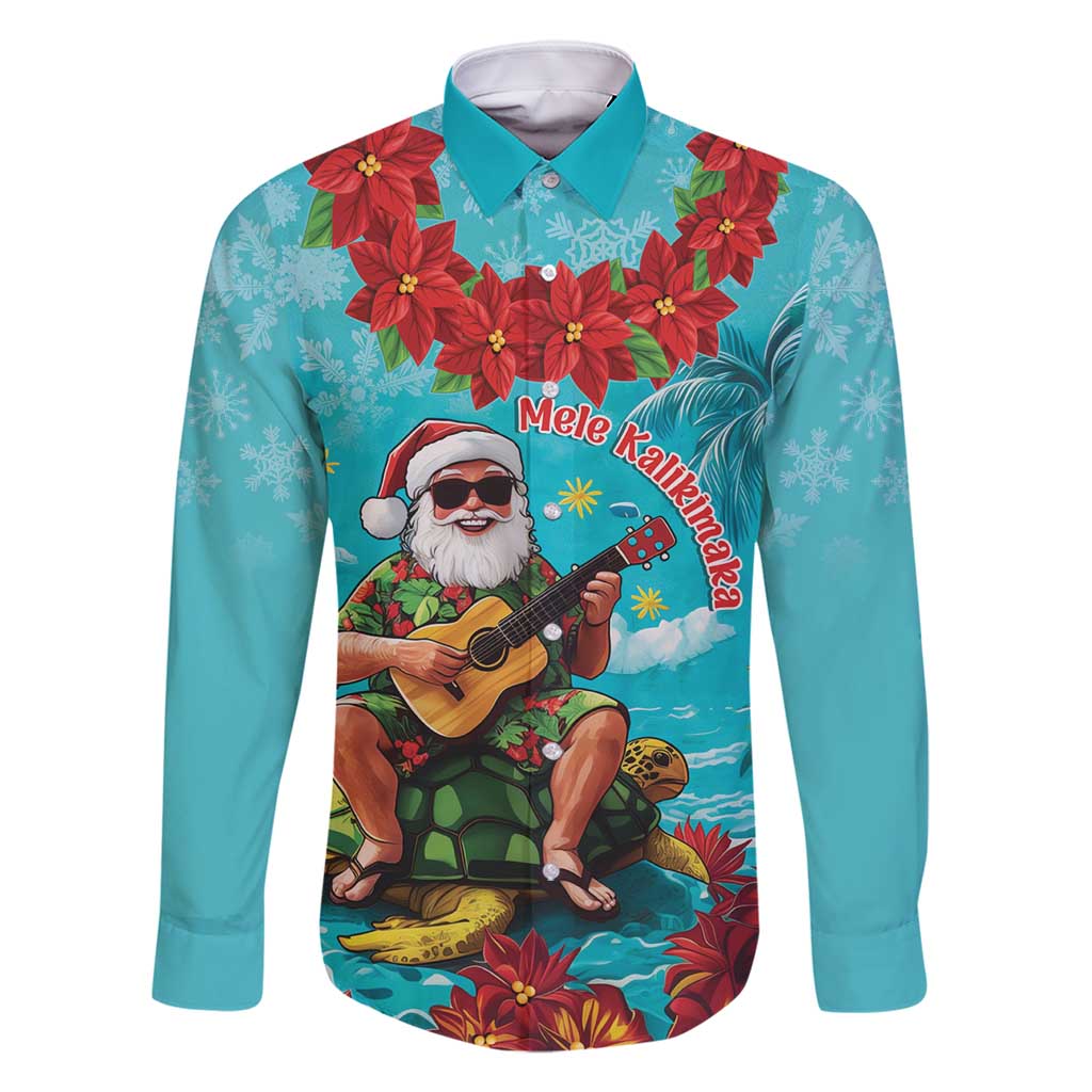 Hawaii Christmas Family Matching Off Shoulder Short Dress and Hawaiian Shirt Mele Kalikimaka Poinsettia Lei - Cyan LT14 Dad's Shirt - Long Sleeve Cyan - Polynesian Pride