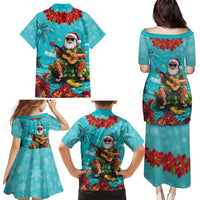 Hawaii Christmas Family Matching Puletasi and Hawaiian Shirt Mele Kalikimaka Poinsettia Lei - Cyan LT14 - Polynesian Pride