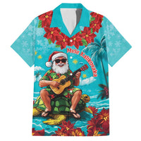 Hawaii Christmas Family Matching Puletasi and Hawaiian Shirt Mele Kalikimaka Poinsettia Lei - Cyan LT14 Dad's Shirt - Short Sleeve Cyan - Polynesian Pride
