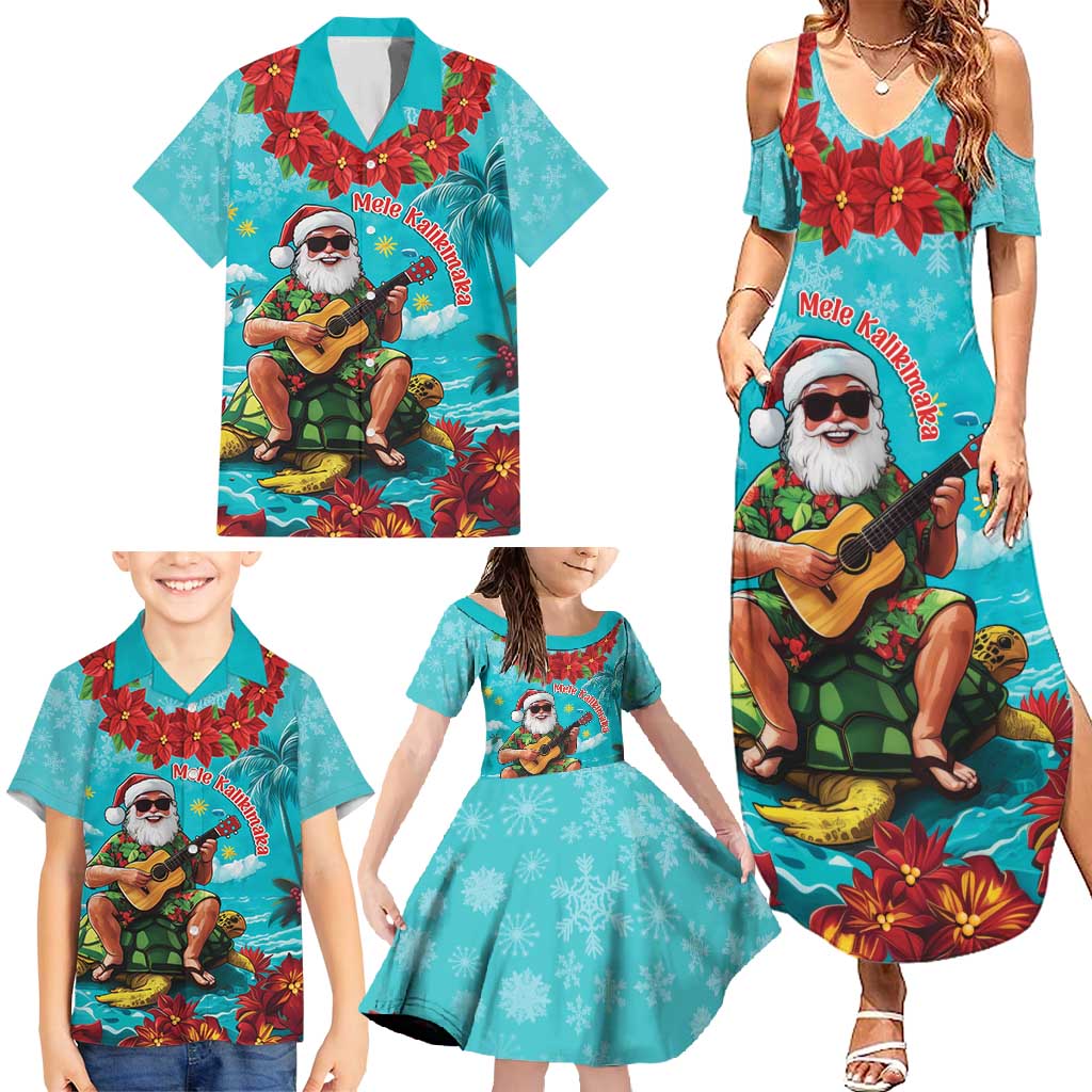 Hawaii Christmas Family Matching Summer Maxi Dress and Hawaiian Shirt Mele Kalikimaka Poinsettia Lei - Cyan