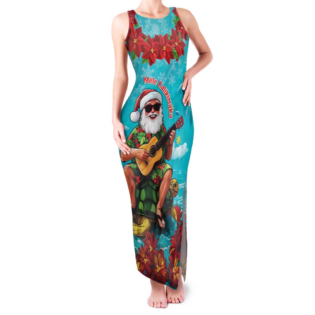 Hawaii Christmas Family Matching Tank Maxi Dress and Hawaiian Shirt Mele Kalikimaka Poinsettia Lei - Cyan