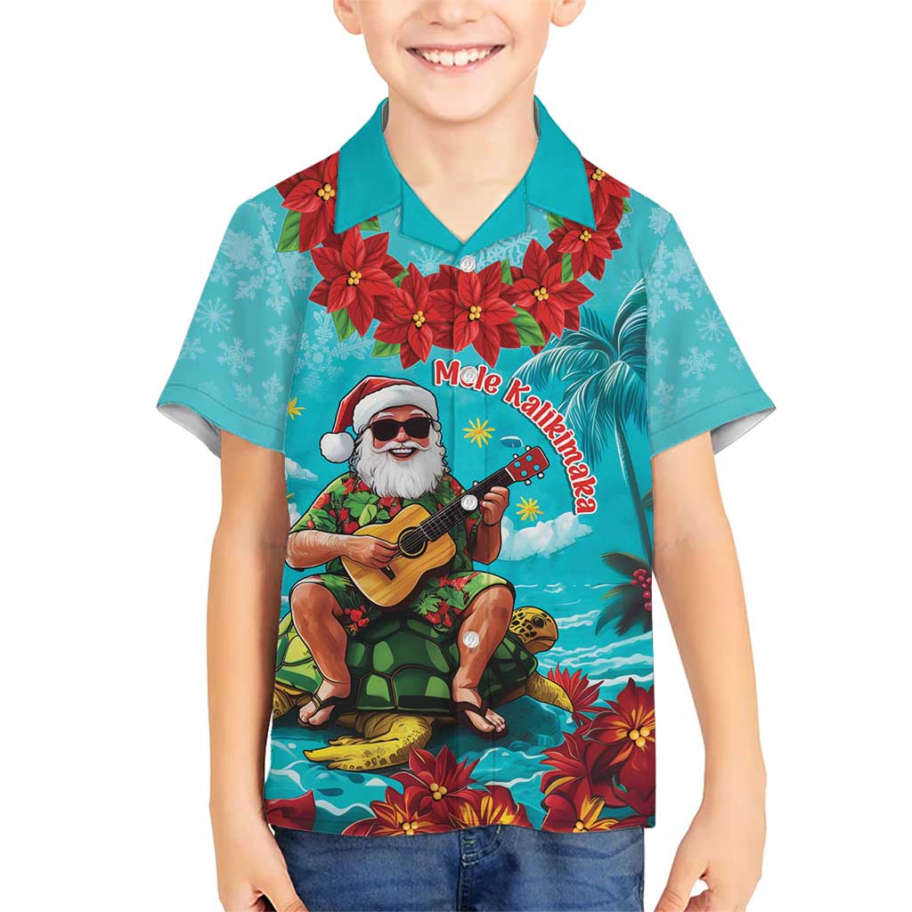 Hawaii Christmas Kid Hawaiian Shirt Mele Kalikimaka Poinsettia Lei - Cyan