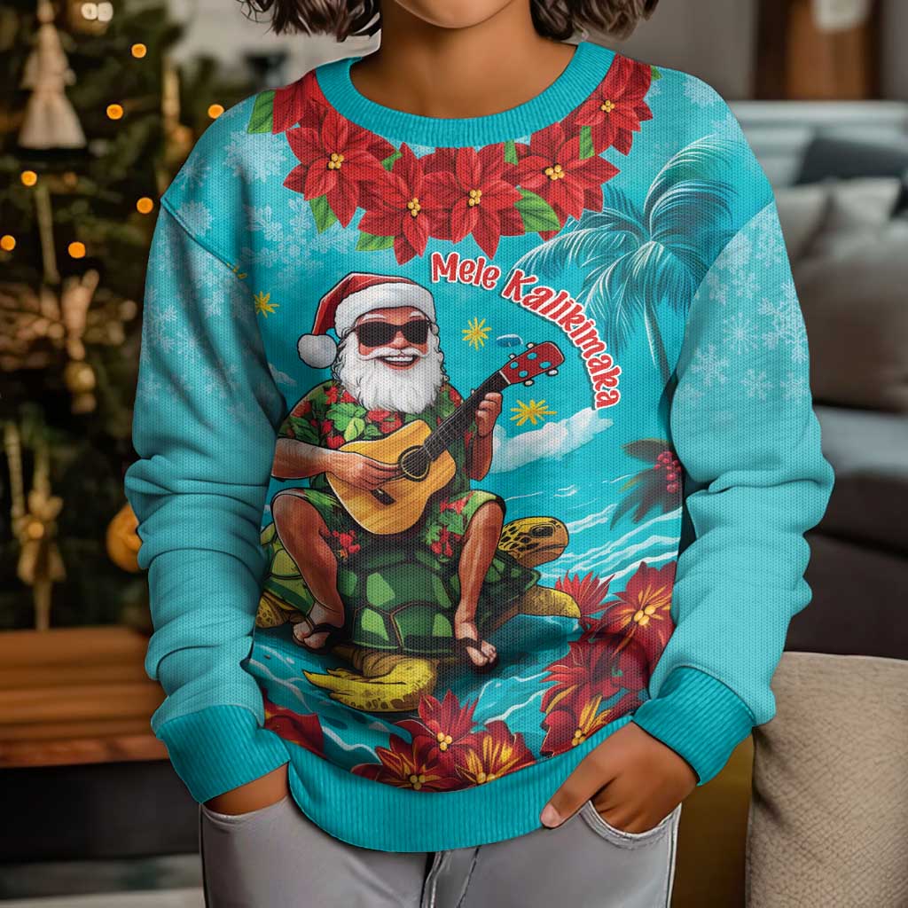 Hawaii Christmas Kid Ugly Christmas Sweater Mele Kalikimaka Poinsettia Lei - Cyan LT14 - Polynesian Pride