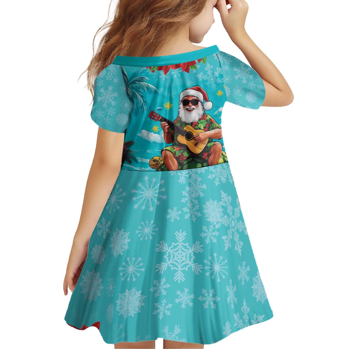 Hawaii Christmas Kid Short Sleeve Dress Mele Kalikimaka Poinsettia Lei - Cyan LT14 - Polynesian Pride