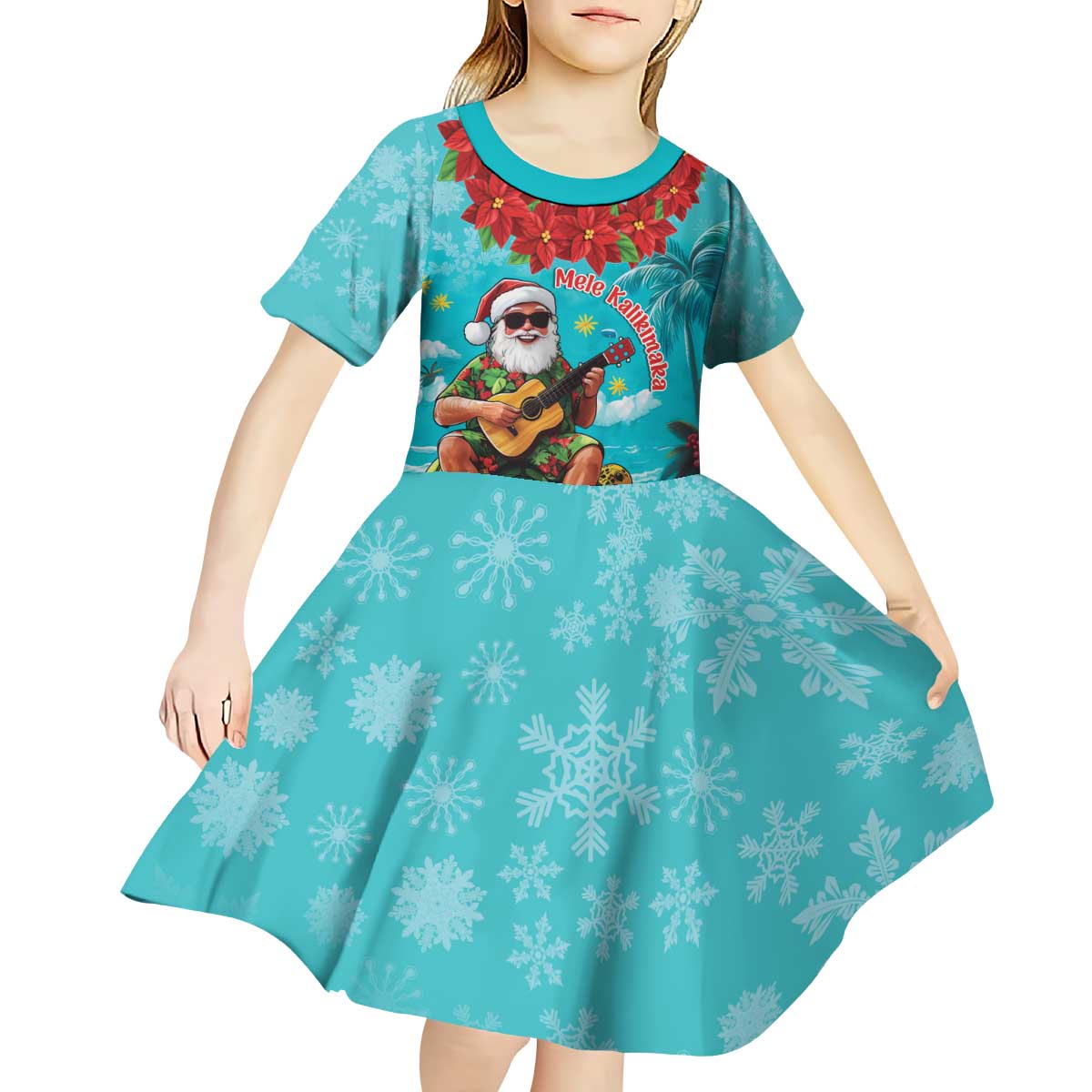 Hawaii Christmas Kid Short Sleeve Dress Mele Kalikimaka Poinsettia Lei - Cyan LT14 - Polynesian Pride