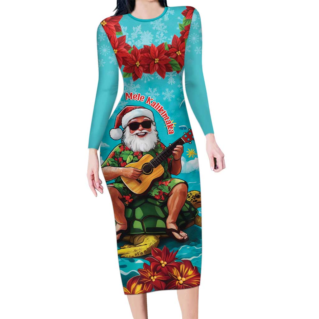 Hawaii Christmas Long Sleeve Bodycon Dress Mele Kalikimaka Poinsettia Lei - Cyan LT14 Long Dress Cyan - Polynesian Pride