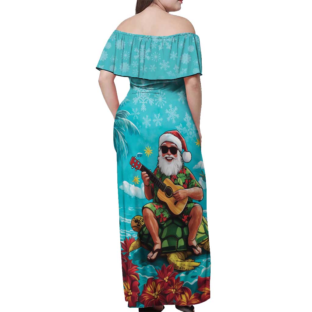 Hawaii Christmas Off Shoulder Maxi Dress Mele Kalikimaka Poinsettia Lei - Cyan LT14 - Polynesian Pride
