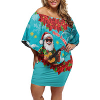 Hawaii Christmas Off Shoulder Short Dress Mele Kalikimaka Poinsettia Lei - Cyan LT14 Women Cyan - Polynesian Pride