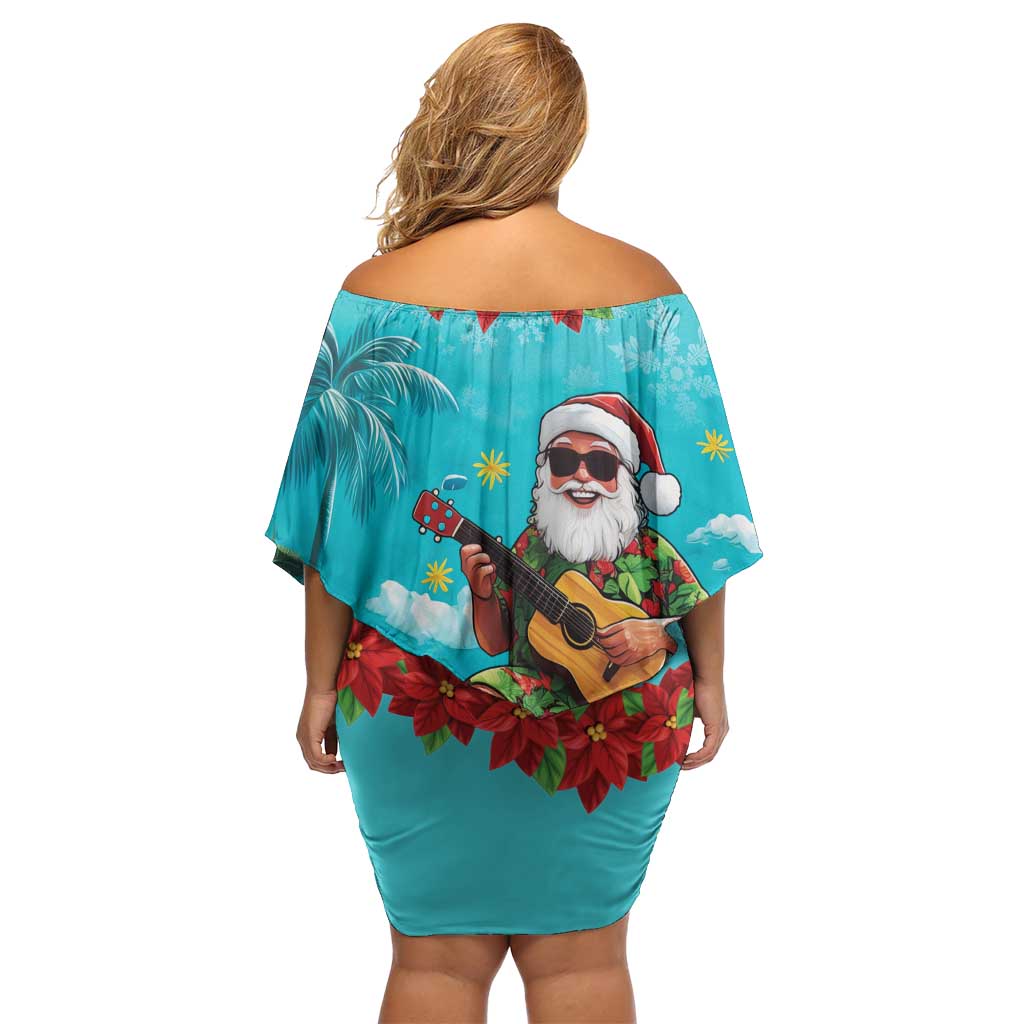 Hawaii Christmas Off Shoulder Short Dress Mele Kalikimaka Poinsettia Lei - Cyan LT14 - Polynesian Pride