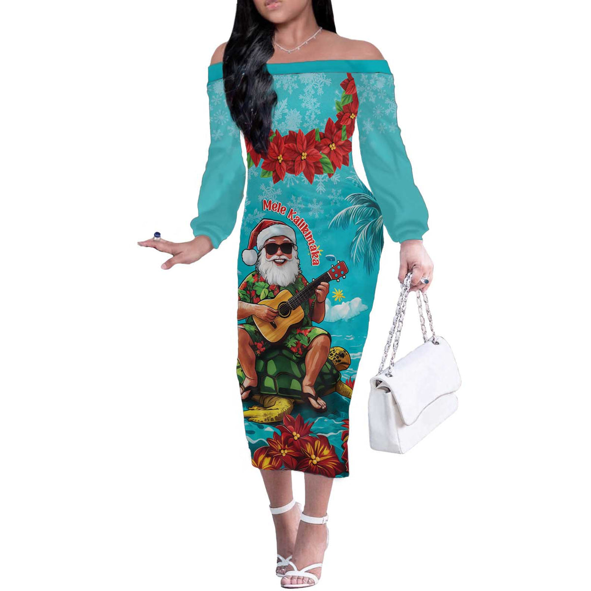 Hawaii Christmas Off The Shoulder Long Sleeve Dress Mele Kalikimaka Poinsettia Lei - Cyan LT14 Women Cyan - Polynesian Pride
