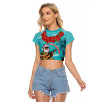 Hawaii Christmas Raglan Cropped T Shirt Mele Kalikimaka Poinsettia Lei - Cyan LT14 Female Cyan - Polynesian Pride