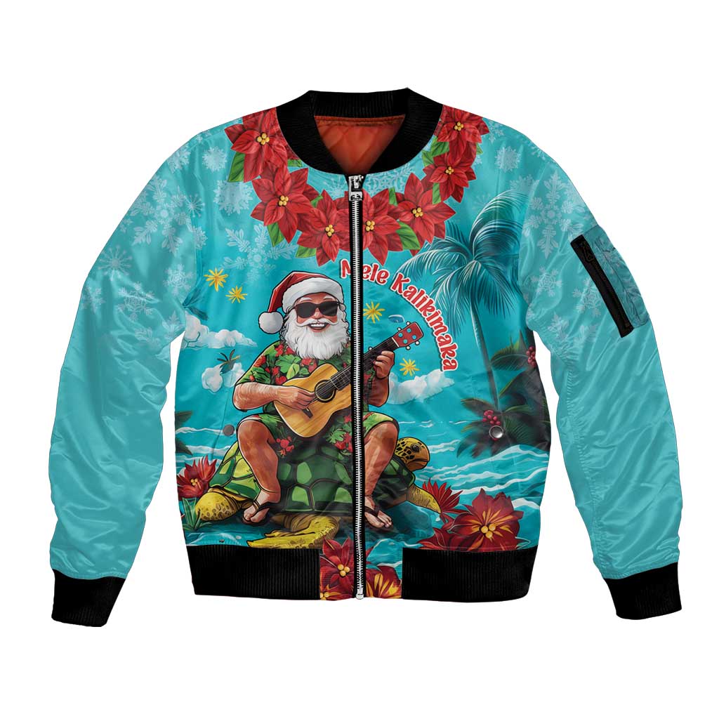 Hawaii Christmas Sleeve Zip Bomber Jacket Mele Kalikimaka Poinsettia Lei - Cyan LT14 Unisex Cyan - Polynesian Pride