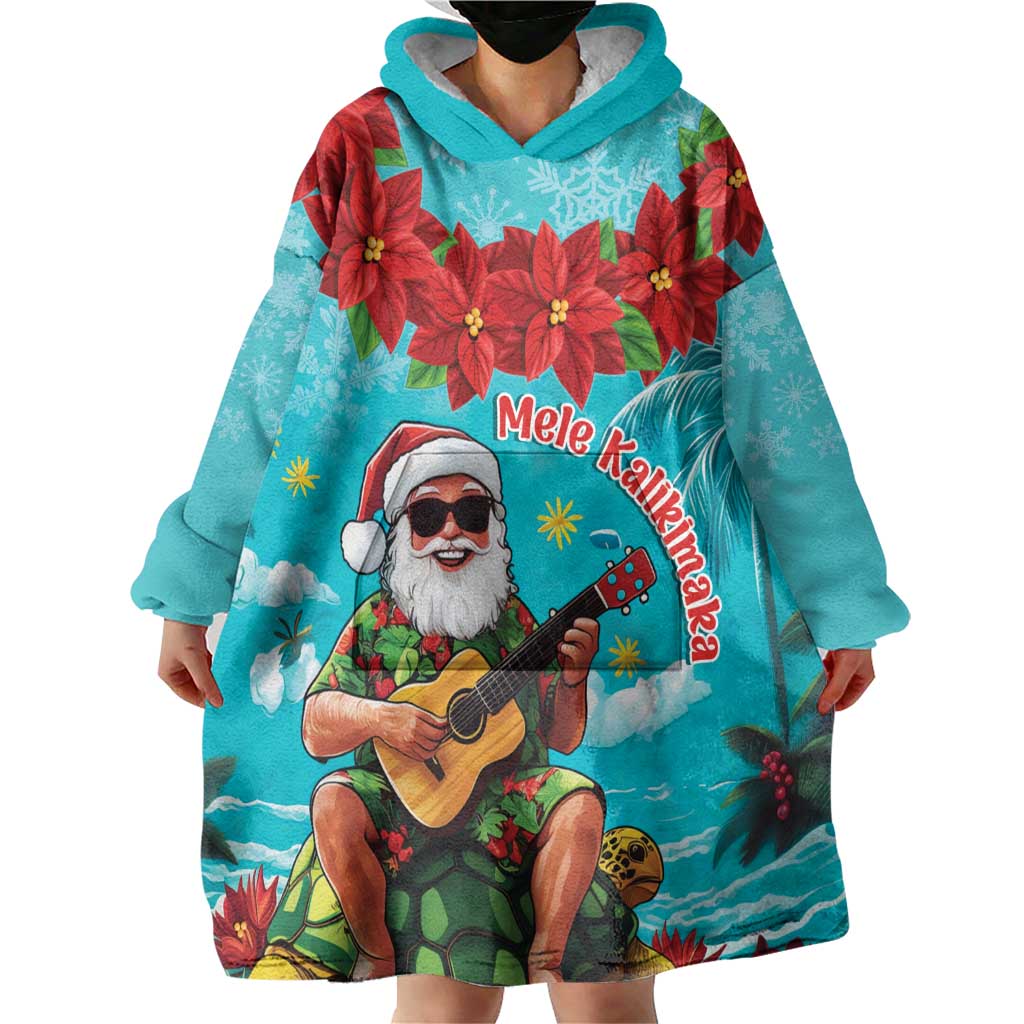 Hawaii Christmas Wearable Blanket Hoodie Mele Kalikimaka Poinsettia Lei - Cyan LT14 - Polynesian Pride