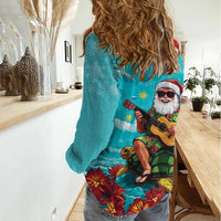 Hawaii Christmas Women Casual Shirt Mele Kalikimaka Poinsettia Lei - Cyan LT14 - Polynesian Pride