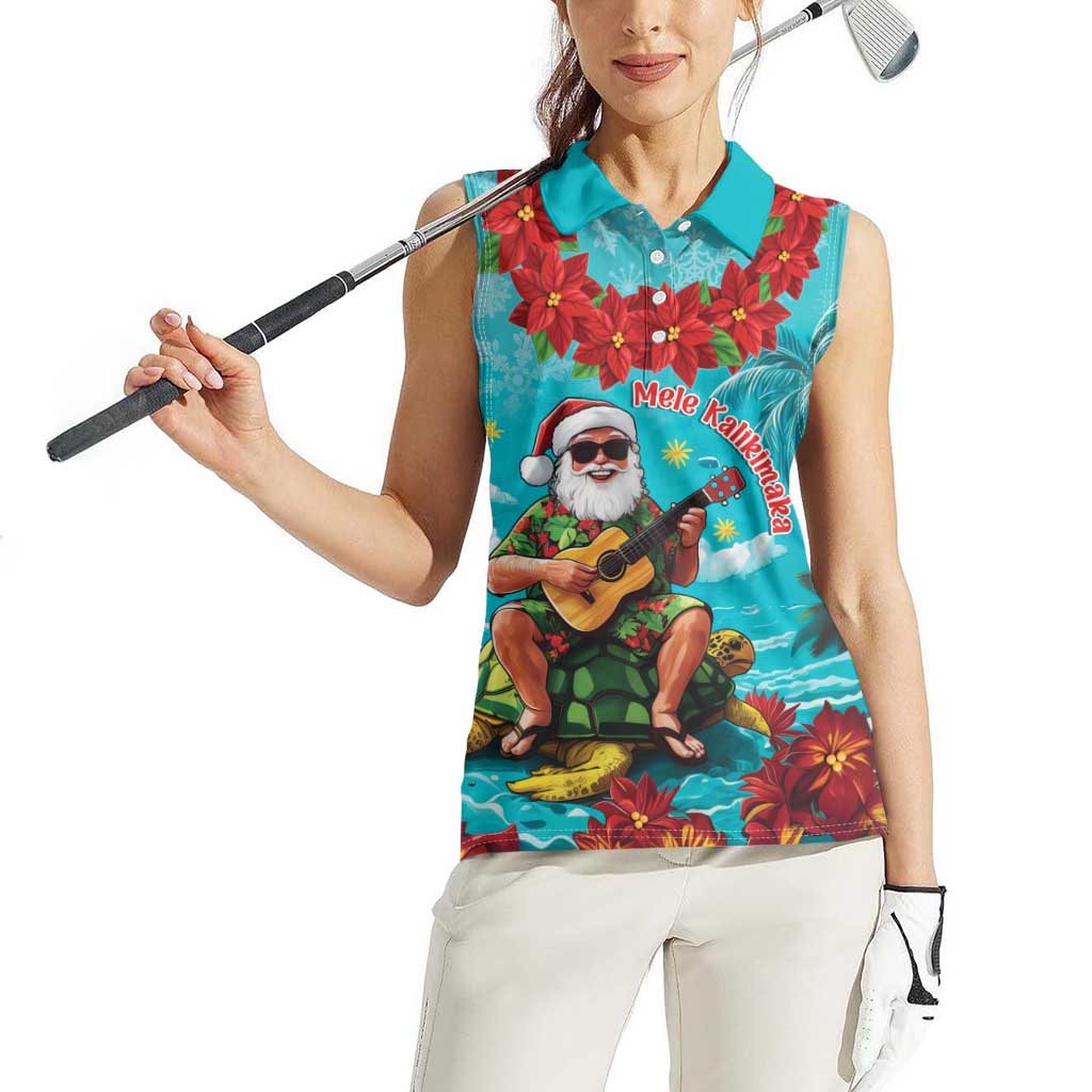 Hawaii Christmas Women Sleeveless Polo Shirt Mele Kalikimaka Poinsettia Lei - Cyan LT14 - Polynesian Pride