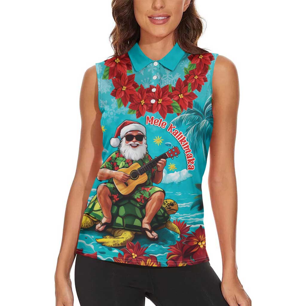 Hawaii Christmas Women Sleeveless Polo Shirt Mele Kalikimaka Poinsettia Lei - Cyan LT14 - Polynesian Pride