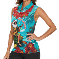 Hawaii Christmas Women Sleeveless Polo Shirt Mele Kalikimaka Poinsettia Lei - Cyan LT14 - Polynesian Pride