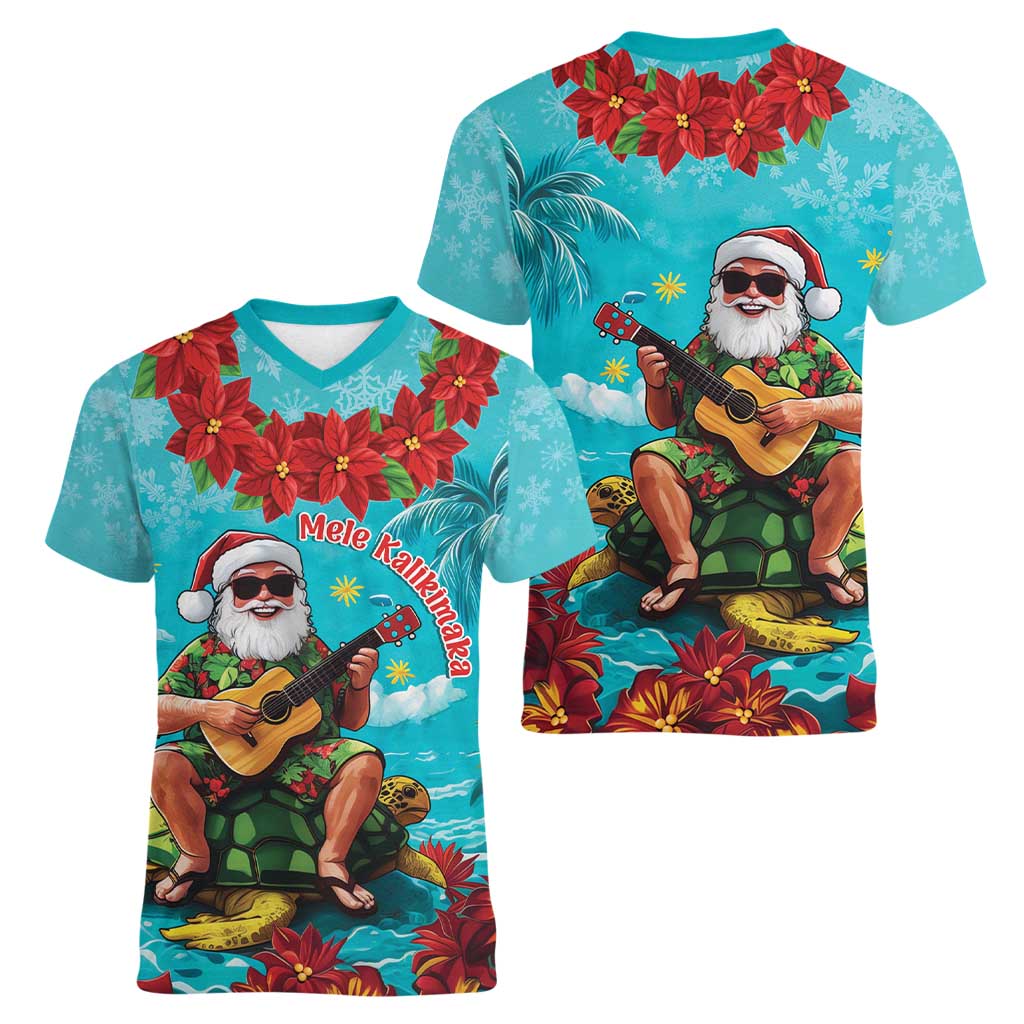 Hawaii Christmas Women V-Neck T-Shirt Mele Kalikimaka Poinsettia Lei - Cyan LT14 - Polynesian Pride