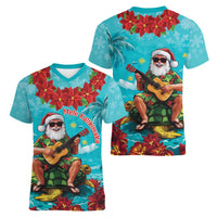 Hawaii Christmas Women V-Neck T-Shirt Mele Kalikimaka Poinsettia Lei - Cyan LT14 - Polynesian Pride
