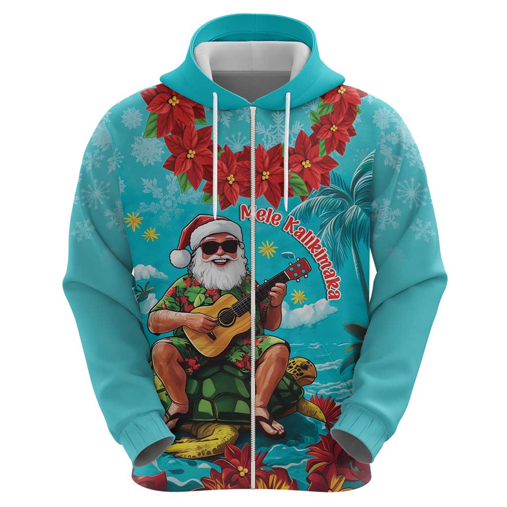 Hawaii Christmas Zip Hoodie Mele Kalikimaka Poinsettia Lei - Cyan LT14 - Polynesian Pride