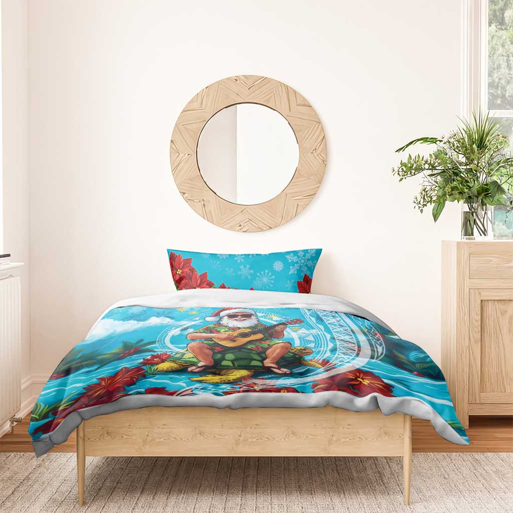 Hawaii Christmas Bedding Set Mele Kalikimaka Poinsettia Lei Polynesian - Blue