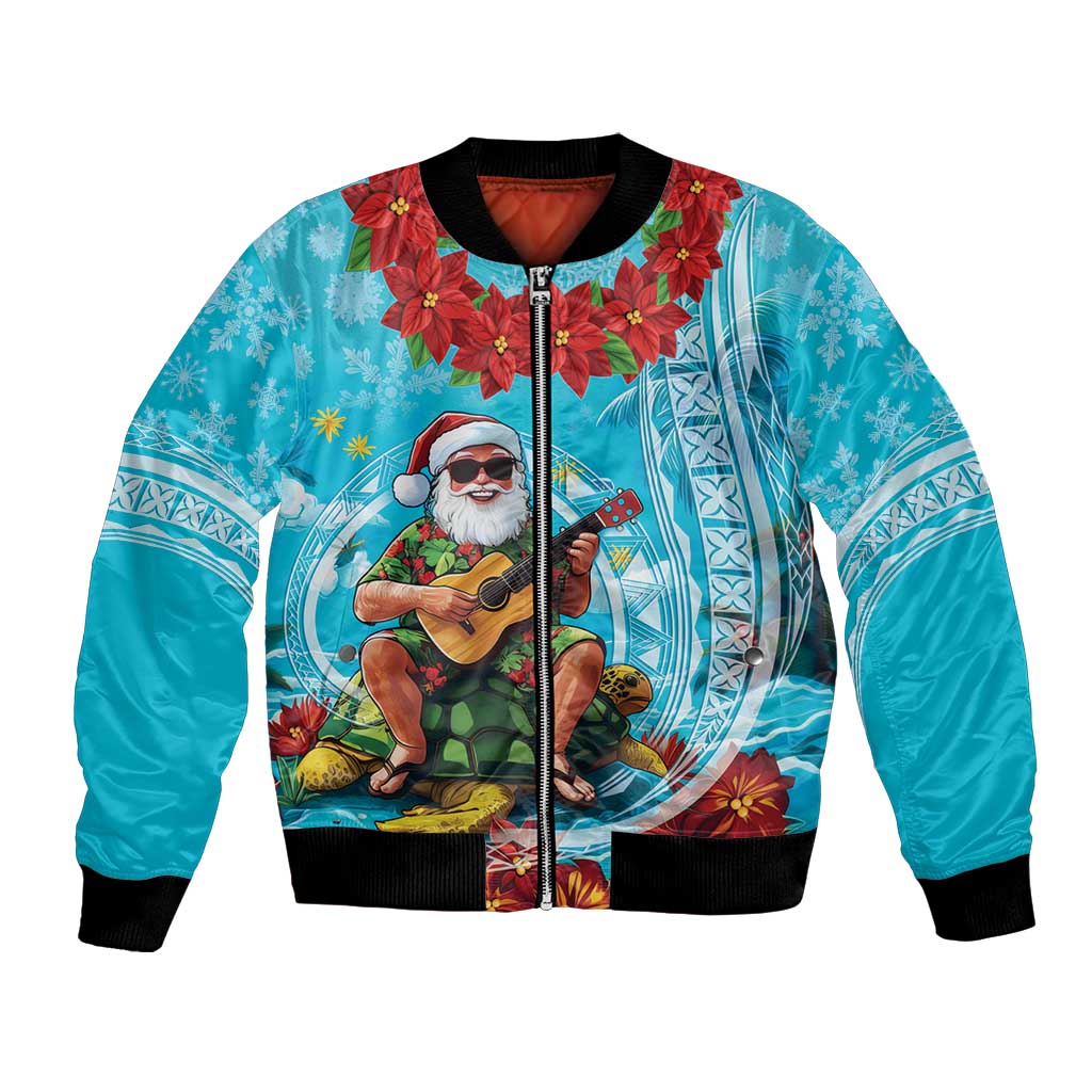 Hawaii Christmas Bomber Jacket Mele Kalikimaka Poinsettia Lei Polynesian - Blue LT14 Unisex Blue - Polynesian Pride