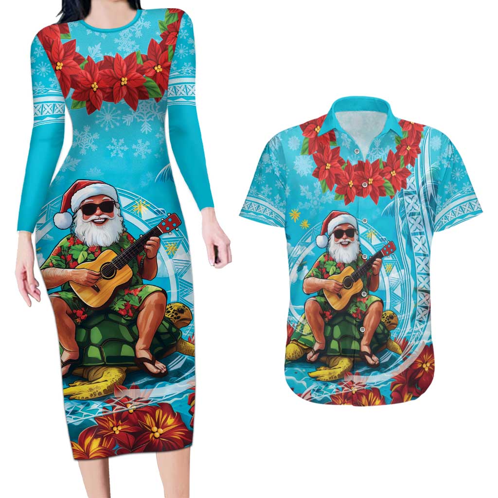 Hawaii Christmas Couples Matching Long Sleeve Bodycon Dress and Hawaiian Shirt Mele Kalikimaka Poinsettia Lei Polynesian - Blue LT14 Blue - Polynesian Pride