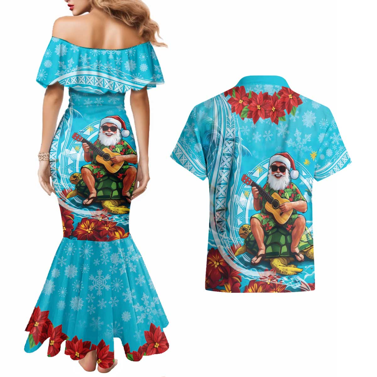 Hawaii Christmas Couples Matching Mermaid Dress and Hawaiian Shirt Mele Kalikimaka Poinsettia Lei Polynesian - Blue LT14 - Polynesian Pride