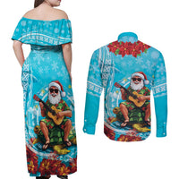 Hawaii Christmas Couples Matching Off Shoulder Maxi Dress and Long Sleeve Button Shirt Mele Kalikimaka Poinsettia Lei Polynesian - Blue LT14 - Polynesian Pride