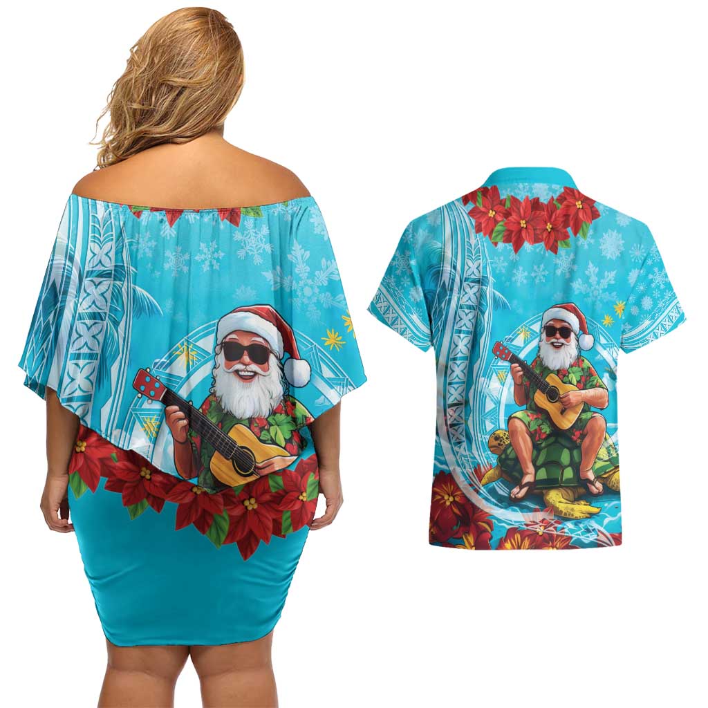 Hawaii Christmas Couples Matching Off Shoulder Short Dress and Hawaiian Shirt Mele Kalikimaka Poinsettia Lei Polynesian - Blue LT14 - Polynesian Pride