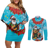 Hawaii Christmas Couples Matching Off Shoulder Short Dress and Long Sleeve Button Shirt Mele Kalikimaka Poinsettia Lei Polynesian - Blue LT14 Blue - Polynesian Pride