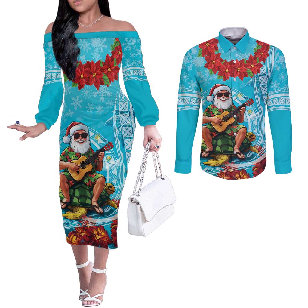 Hawaii Christmas Couples Matching Off The Shoulder Long Sleeve Dress and Long Sleeve Button Shirt Mele Kalikimaka Poinsettia Lei Polynesian - Blue