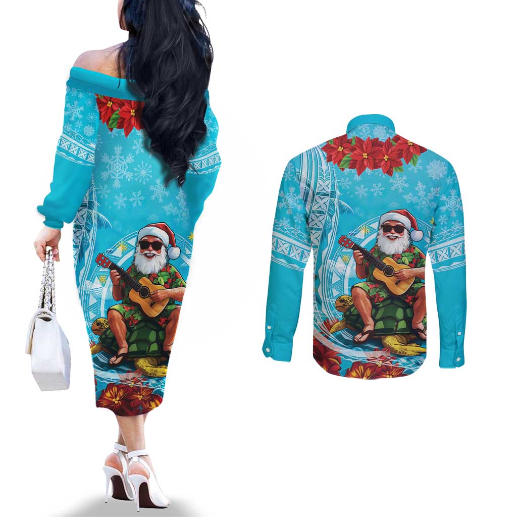 Hawaii Christmas Couples Matching Off The Shoulder Long Sleeve Dress and Long Sleeve Button Shirt Mele Kalikimaka Poinsettia Lei Polynesian - Blue