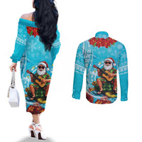 Hawaii Christmas Couples Matching Off The Shoulder Long Sleeve Dress and Long Sleeve Button Shirt Mele Kalikimaka Poinsettia Lei Polynesian - Blue