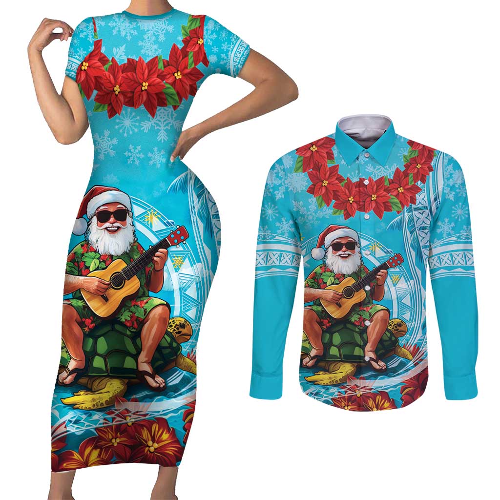 Hawaii Christmas Couples Matching Short Sleeve Bodycon Dress and Long Sleeve Button Shirt Mele Kalikimaka Poinsettia Lei Polynesian - Blue