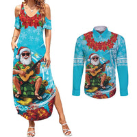 Hawaii Christmas Couples Matching Summer Maxi Dress and Long Sleeve Button Shirt Mele Kalikimaka Poinsettia Lei Polynesian - Blue