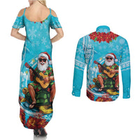 Hawaii Christmas Couples Matching Summer Maxi Dress and Long Sleeve Button Shirt Mele Kalikimaka Poinsettia Lei Polynesian - Blue